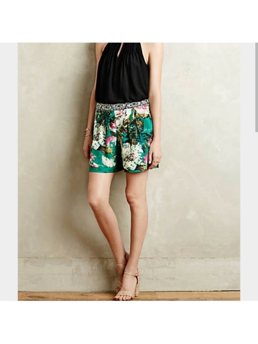 Anthropologie Ranna Gill Archipelago Green Floral Print Pleated Shorts - Women’s